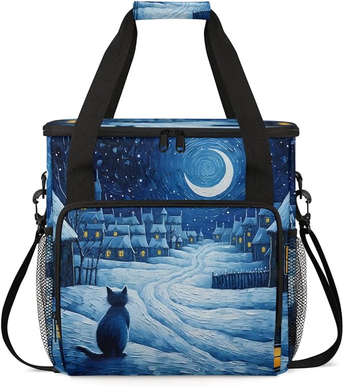 Winter Village Cat Coffee Maker Travel Bag for Keurig K-Mini/K-Mini Plus Insulated Waterproof Tote with Pockets for K-Cup Portable Single-Serve Brewer Case
