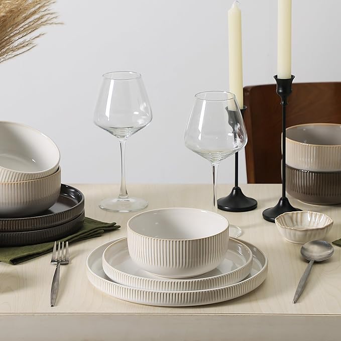 Frewinky Stoneware Dinnerware Sets for 412 Piece Kitchen Plates and Bowls SetReactive Glaze Porcelain Dinnerware Sets Scratch ResistantDishwasher and Microwave Safe Cappuccino White