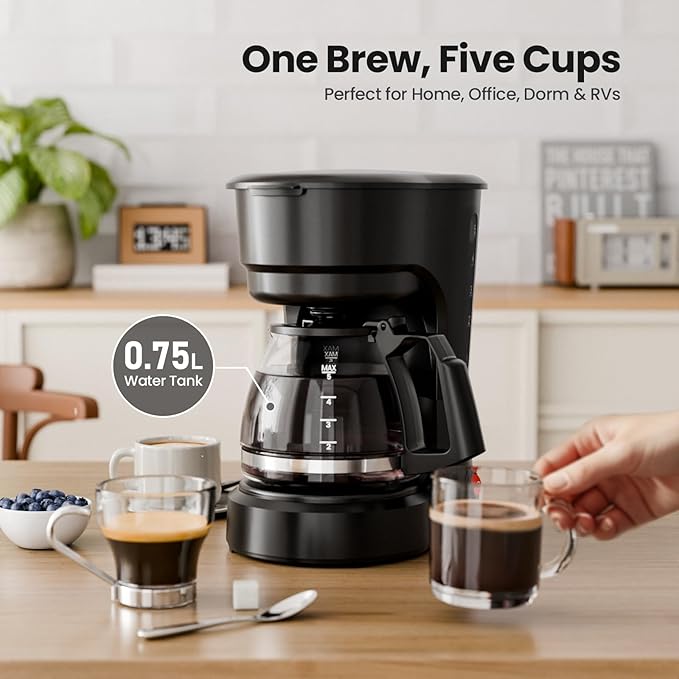 Kismile 5 Cup Coffee Maker 0.75L Small Drip Coffee Machine with Anti-Drip Design Dry Burn Protection Removable Filter Funnel Easy Mechanical Switch Black