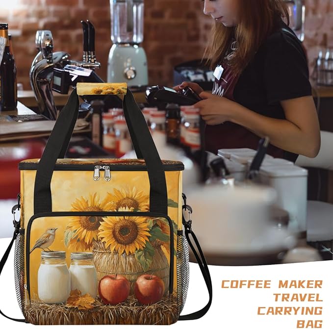 Yellow Sunflower Apple Coffee Maker Carring Bag Travel Carrying Storage Tote Bag Compatible with Keurig K-Mini or K-Mini Plus Portable Single Serve Coffee Brewer Case with Pockets for K-cup Pods