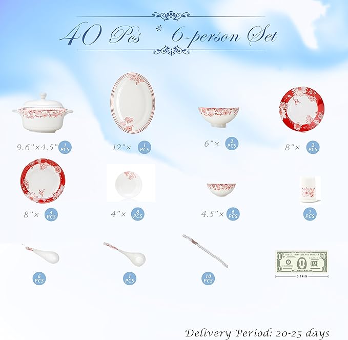 Fine Bone China Dinnerware SetPorcelain&ampCeramic Dinnerware Sets Bone Stoneware&ampCeramic Cookware Tableware Set Includes Dinner Plates|Spoons|Pasta Bowls|Soup Pot|Chopsticks (40 PCS)