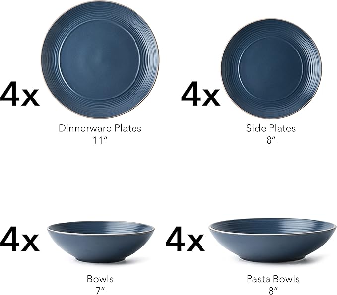 RINGAR Round Stoneware 16pc Double Bowl Dinnerware Set for 4 Dinner Plates Side Plates Cereal Bowls Pasta Bowls - Speckle Matte Blue (420796)