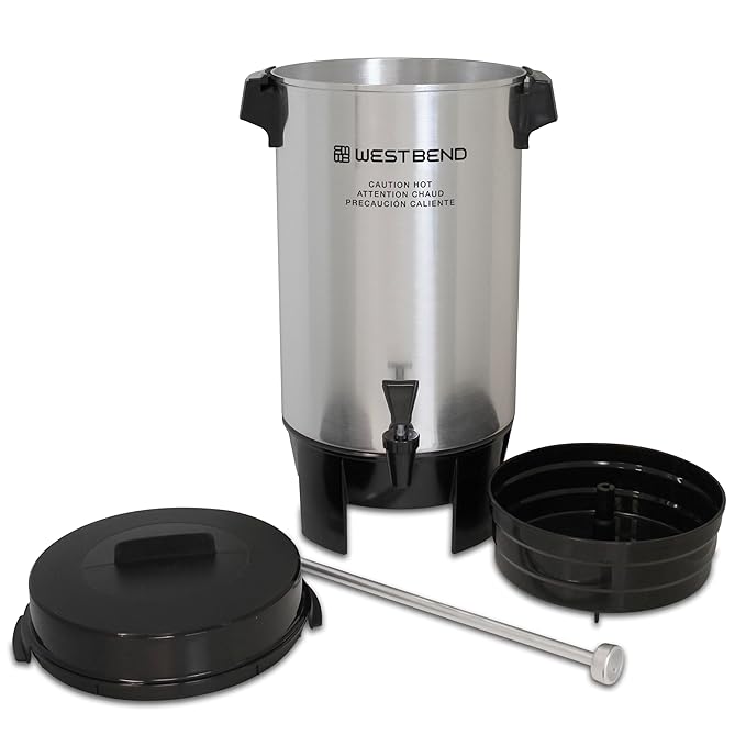 West Bend Coffee Urn Highly-Polished Aluminum Features Automatic Temperature Control with Cup Per Minute Brewing and Easy Clean Up Includes In-Basket Measuring Guide and Ready Light 42-Cup Silver