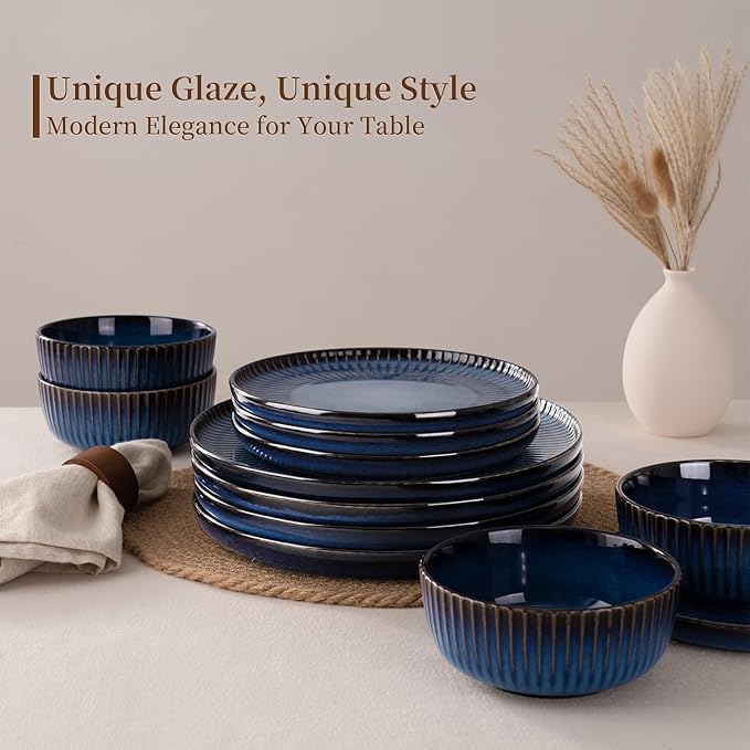 Famiware Starlight Plates and Bowls Dishes Set of 6 (18 Pieces) Ribbed Textured Stoneware Dinnerware Sets- Dishwasher &amp Microwave Safe Chip &amp Scratch Resistant Starry Blue