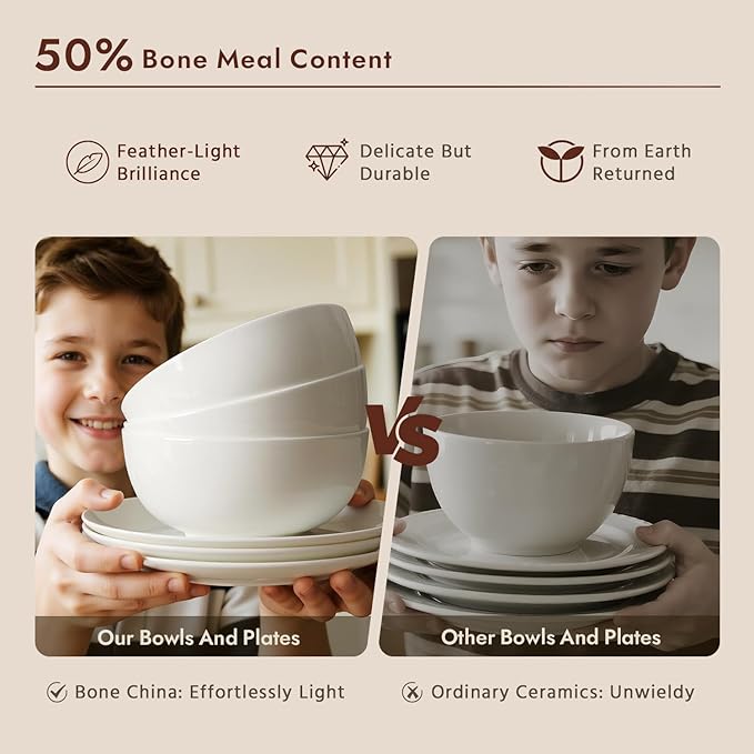 KINGSTONE 12-Piece Bone China Dinnerware Set for 4 Lightweight and Durable Microwave and Dishwasher Safe White Plates and Bowls for Everyday Use