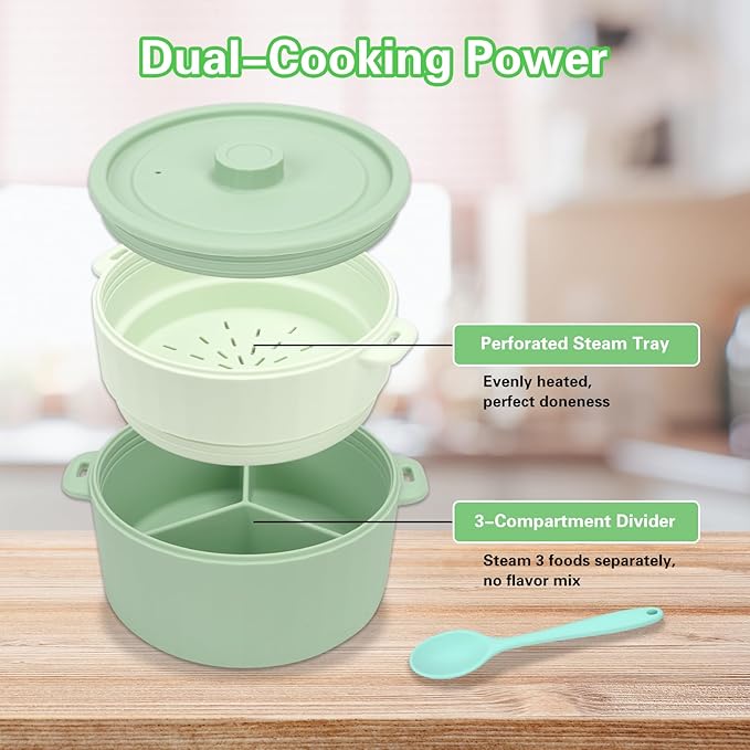BestYiJo Microwave Rice Cooker 2-Layer Microwave Pasta Cooker and Steamer for Rice Vegetables Quinoa Oatmeal Ramen –Silicone Non-Stick(Green)