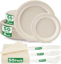 300 Pcs Compostable Dinnerware Set - Serves 50 Guests with Heavy Duty 9 &amp 7 Inch Plates Napkins &amp Cutlery | Biodegradable Sugarcane Eco-Friendly Party Supplies for Birthday Christmas Holida