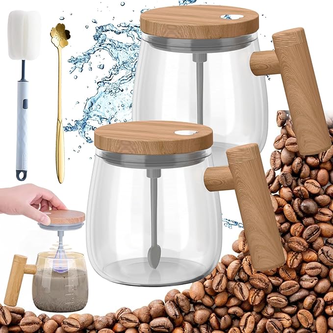 Electric High Speed Mixing Cup 13.5oz 7000 RPM Self Stirring Coffee Mug Heat-Protection Glass Coffee Blender with Lid 45 dB for Office/Travel/Home (Maple x 2)