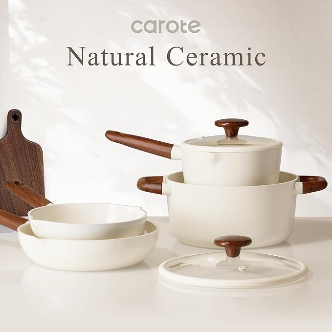 CAROTE 21pcs Cookware Set Nonstick Pots and Pans Set Ceramic Cookware Set Induction Cookware Non toxic Healthy Non Stick Kitchen Cooking Set PFAS PTFE Free White