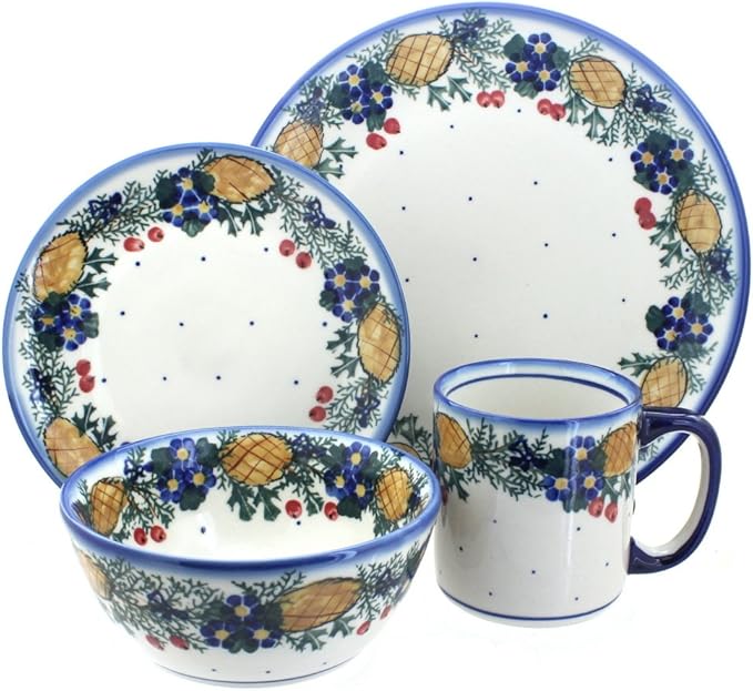 Blue Rose Polish Pottery - Brown Pinecone 4 Piece Place Setting - Service for 1-1 Place Setting - Ceramic Dinnerware Set Unique Christmas Gift &amp Festive Tableware