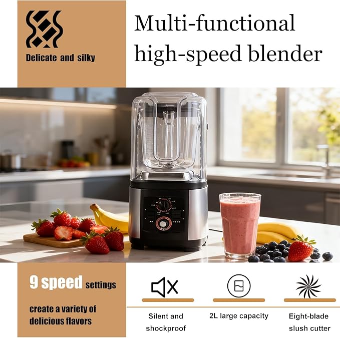 Quiet Soundproof Blender 2200W Commercial Smoothie Maker with 2L Food Grade Pitcher Fast Ice Crusher Self Cleaning Heavy Duty Blender