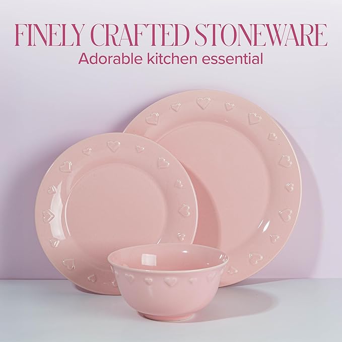 Paris Hilton 12-Piece Dinnerware Set Embossed Hearts. Iconic Ceramic Stoneware Service for 4 with Dinner Plates Salad Plates and Bowls Microwave &amp Dishwasher Safe Pink
