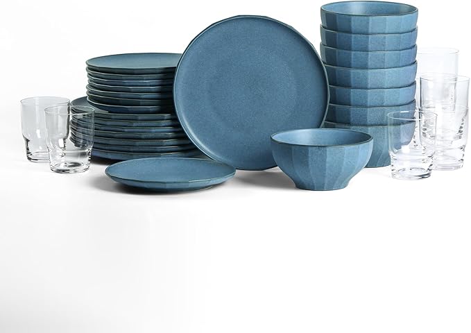Stone Lain Rio Stoneware 32 Piece Dinnerware Set Blue Plates and Bowls Sets with Fluted Glass Cups Textured Dish Set for 8 Microwave &amp Dishwasher Safe