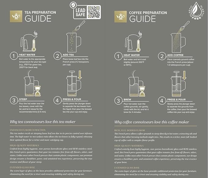 Teabloom Toulouse Borosilicate Glass Tea Press and Coffee Maker with No Plastic 24-Ounce (700 mL) - Frost White
