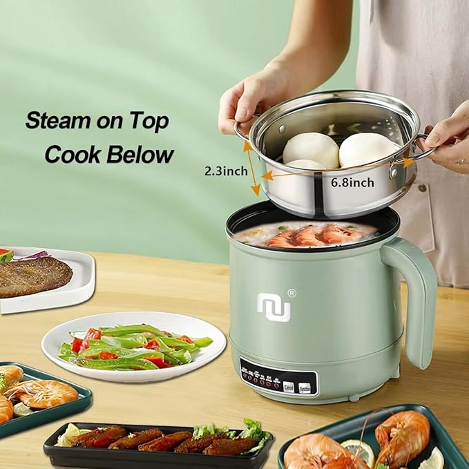 Smart Mini Hot Pot with Timer and Automatic Shut Off 1.2L Non-Stick Rapid Noodle Cooker w Stainless Steel Steamer Basket 600W Quick Cook 5 Cooking Modes for Soup Rice (1cup)  Porridge Pasta Great f
