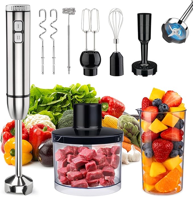 Immersion 8 in 1 Hand Blender 25 Speed &amp Turbo Mode Handheld Blenders Electric Sitck Blender with Beaker Chopper Milk Frother Frother Grinder and Mixer