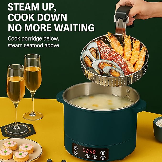 3L Low Sugar Rice Cooker with Lifting Steamer Basket Electric Stainless Steel Rice Maker Carb Reducing Fast Heating 3-Speed Touch Control Compact for Dorm Home Kitchen UseGreen