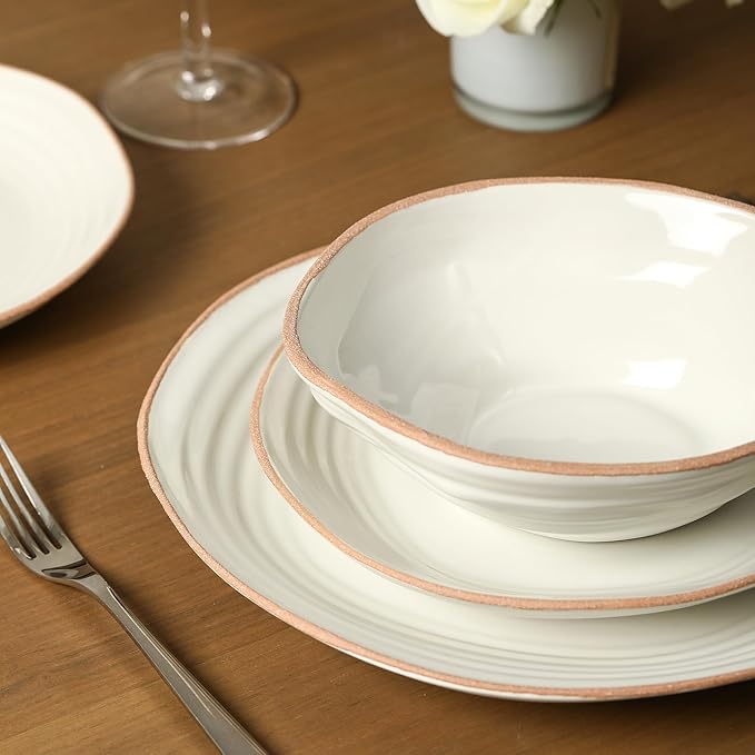Stone Lain Nami 24-Piece Dinnerware - Stoneware Plates and Bowls Set Microwave and Dishwasher Safe Dish for 8 White
