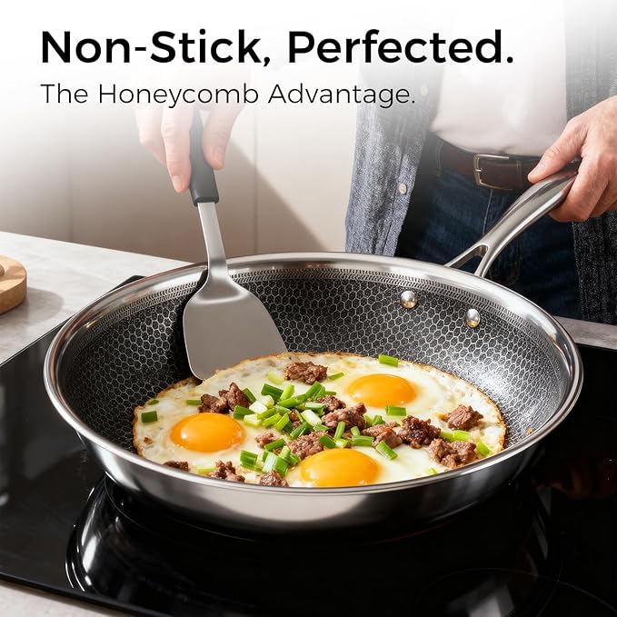 Nonstick Pots and Pans Set 14 Piece Hybrid Hex Non Stick Stainless Steel Cookware with Frying Pans Saute Pan Saucepans &amp Stock Pot - Induction Compatible Dishwasher &ampOven Safe PFOA Free