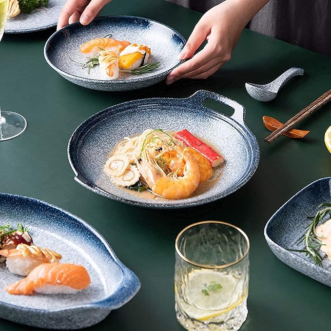 Stylish Dinner PlatesCeramics Dinner Sets 48 Pieces Blue Glaze Cereal Bowl and Steak Plate | Japanese-Style Porcelain Dinnerware Set for Family Gathering