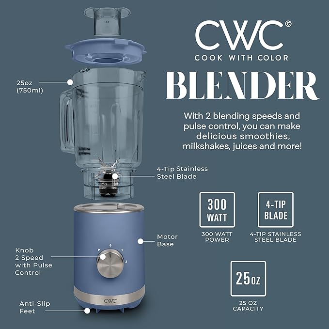 COOK WITH COLOR 300 Watt Blender: Powerful 2-Speed Control with Pulse 4-Tip Stainless Steel Blades 25oz (750ml) Jar and Skid-Resistant Feet Navy
