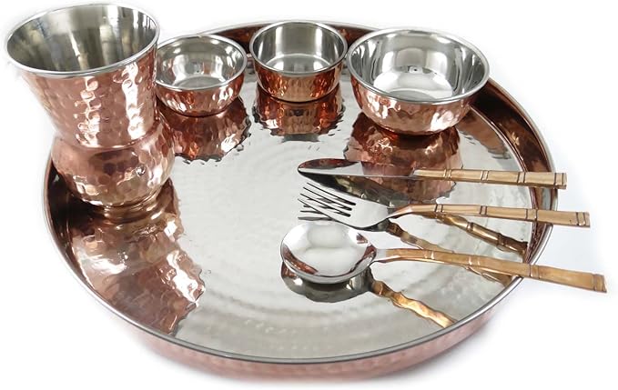 ibaexports Classic Indian Traditional 8 Piece Copper Tableware Dinner Set Collection Thali Bowls Utensils Health