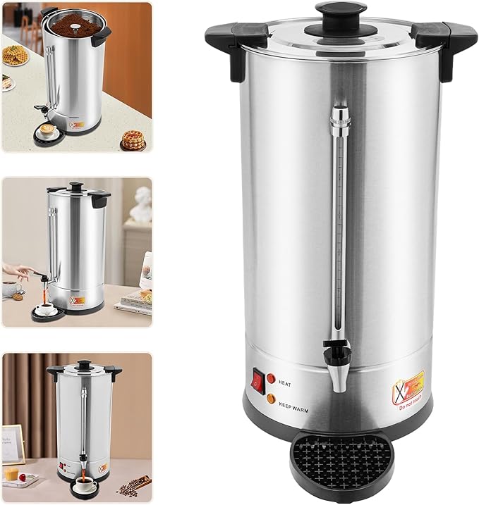 25L Stainless Steel Coffee Urn Commercial Electric Hot Water Dispenser with Dripping Tray No-Temp-Knob Silver Boiler for Catering Party Church Office Large Capacity Percolator Brewer Coffee Maker