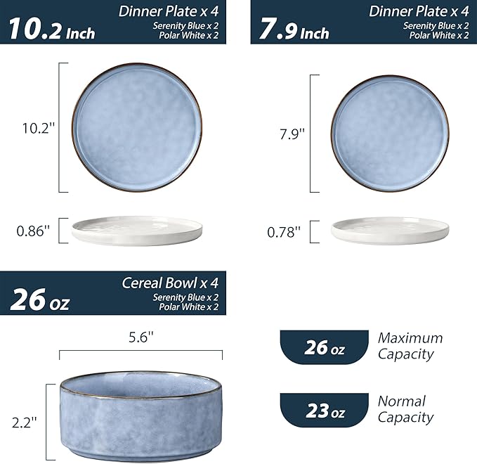 LIANYU Dinnerware Sets for 4 12 Piece Stoneware Dinner Plates and Bowls Dish Set Kitchen Dining Speckled Tableware Dishware Microwave &amp Dishwasher Safe Polar White &amp Serenity Blue