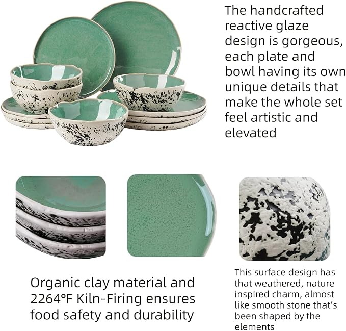 12pcs Dinnerware Set Service for 4 Handmade StonewareCeramic Dish Set Plates and Bowls set Dinner Set Reactive Glazed Microwave and Dishwasher Safe (GREEN)