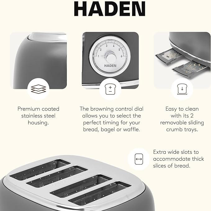Haden Chelsea 4-Slice Wide Slot Stainless Steel Toaster with Adjustable Browning Control &amp Non-Slip Feet Grey &amp Chrome