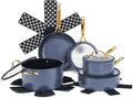 12-Piece Non-Stick Aluminum Cookware Set with Induction Base Oven Safe Black Finish (Blue &amp Gold)