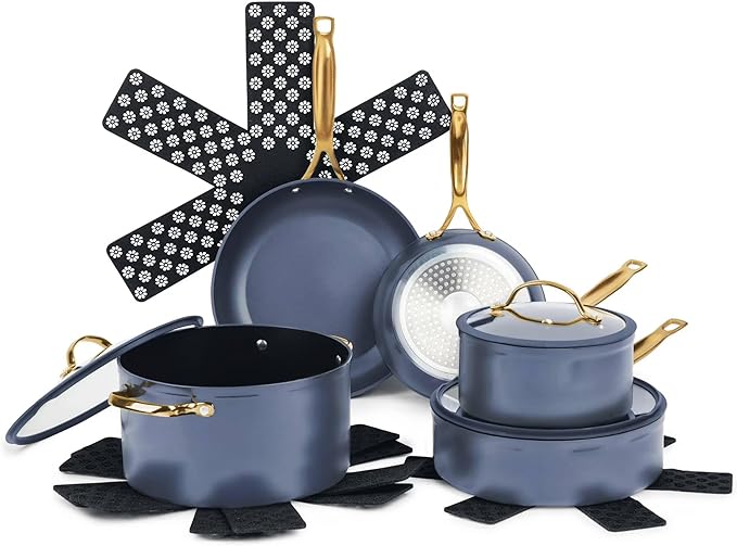 12-Piece Non-Stick Aluminum Cookware Set with Induction Base Oven Safe Black Finish (Blue &amp Gold)