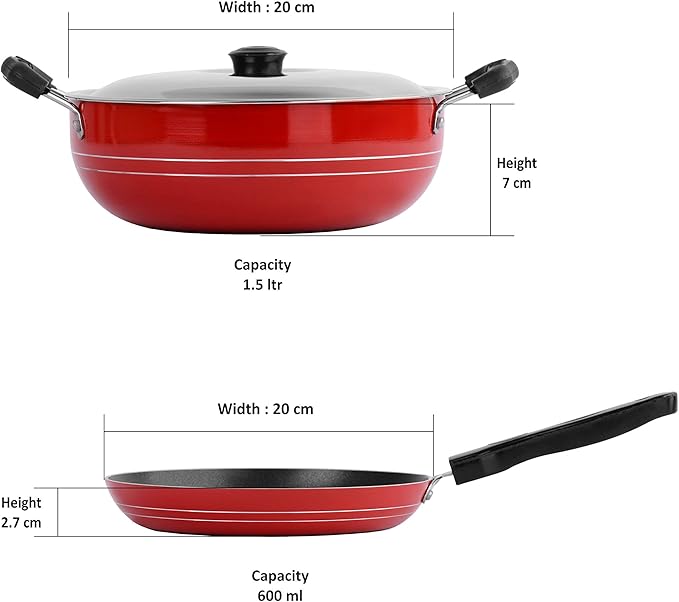 Sumeet 2.6mm Thick Non-Stick Blush Cookware set (Kadhai With Lid – 1.5Ltr capacity- 20cm Dia + Tapper pan – 20cm Dia)