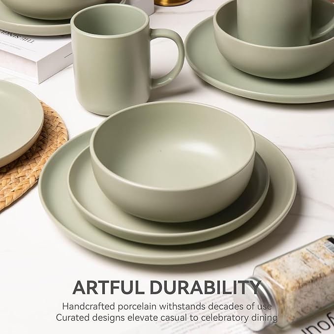 12-Piece Stoneware Dinnerware Set with Mugs | Microwave and Dishwasher Friendly | Stackable Matte Glaze Plates &amp Bowls | Service for 4