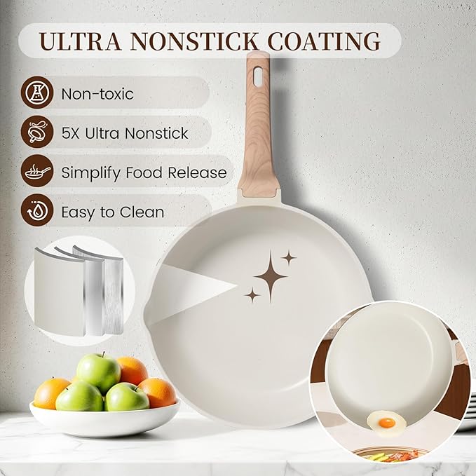 Kikcoin 16Pcs Pots and Pans Set Nonstick Ceramic Cookware Sets Induction Kitchen Cooking Set Non toxic Healthy Non Stick w/Grill PanSaute Pan Ceramic White