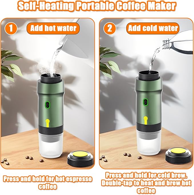 Portable Espresso Machine 3-in-1 Self-Heating Portable Coffee Maker for Travel with Rechargeable Battery Cordless Electric Mini Espresso Maker for RV Hiking Camping Office (Green)