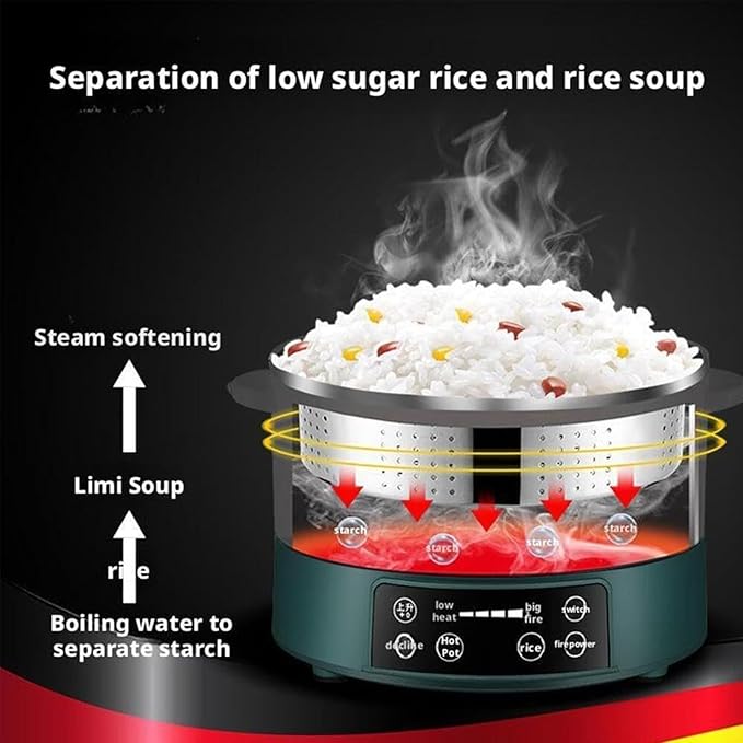 Low Sugar Rice Cooker 3L Low Carb Rice Cookers with Stainless Steel Filter Intelligent Automatic Lifting 4 Gear Firepower (Green)