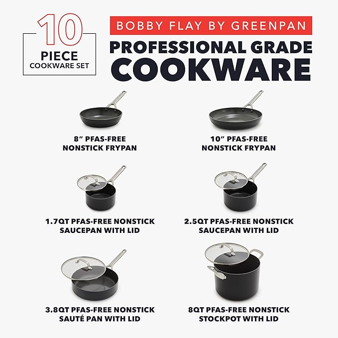 GreenPan x Bobby Flay Hard Anodized Nonstick 10 Piece Cookware Set PFAS-Free Ceramic Pots &amp Pans Induction Suitable Frypans Saucepans Saute Stockpot Glass Lids Dishwasher &amp Oven Safe B