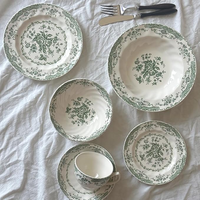Vintage Floral Porcelain Dinnerware Set for 4 20-Piece Country Cottage Style Plates &amp Cup Saucers Set Hand-Painted Green Botanicals Wavy Edge Dishwasher Microwave Safe