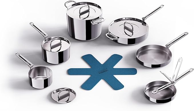 Joseph Joseph Space Steel 10-Piece Stainless Steel Sauce Pan Set with Lids Nesting with Folding Handles Induction &amp Oven Safe