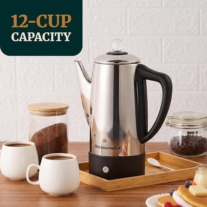 Elite Gourmet EC812 Electric 12-Cup Coffee Percolator with Keep Warm Clear Brew Progress Knob Cool-Touch Handle Cord-less Serve Stainless Steel