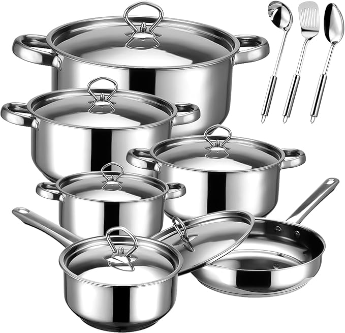 Stainless Steel Cookware Set - 15 Piece Stainless Steel Pots and Pans Set Includes 6 Pots and Pans 6 Lids and 3 Utensils Fixed Handles Induction Safe and Dishwasher Safe
