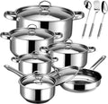 Stainless Steel Cookware Set - 15 Piece Stainless Steel Pots and Pans Set Includes 6 Pots and Pans 6 Lids and 3 Utensils Fixed Handles Induction Safe and Dishwasher Safe