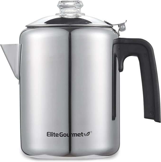 Elite Gourmet EC008X Classic 8-Cup Stovetop Coffee Percolator Glass Clear Brew Progress Knob Cool-Touch Handle Stainless Steel
