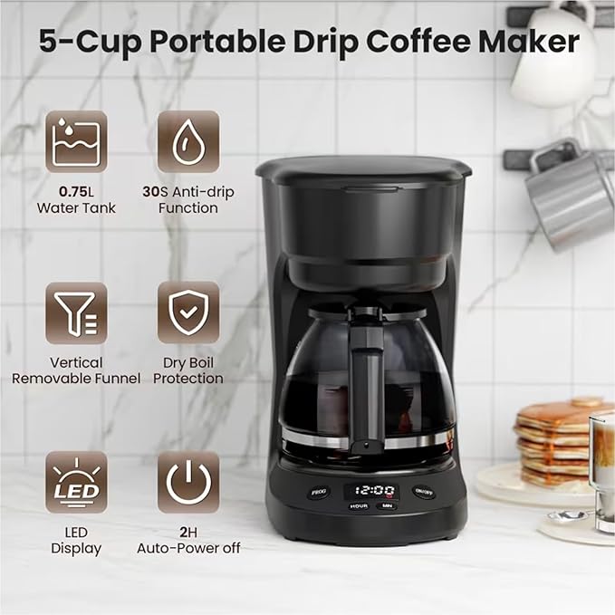 Coffee Maker with Warming Plate Black 2 Hours Keep Warm Function Permanent Filter Glass Carafe Auto Power Off 26 cm Capacity