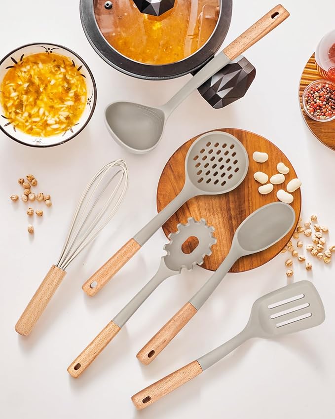Kitchen Utensils Set 13PCS Silicone Cooking Utensils Heat Resistant Kitchen Utensil Spatula Set for Nonstick Cookware Wooden Handles Kitchen Gadgets Tools Set