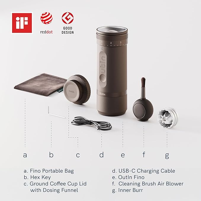 OutIn Nano Portable Electric Espresso Machine with Fino Portable Electric Coffee Grinder Brown &amp Grey