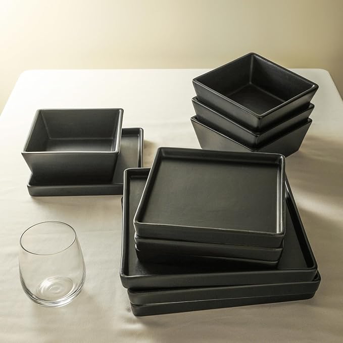 Stone Lain Grace Square Stoneware Dinnerware Set 12 Piece Service For 4 Plates and Bowls Dish Set Black