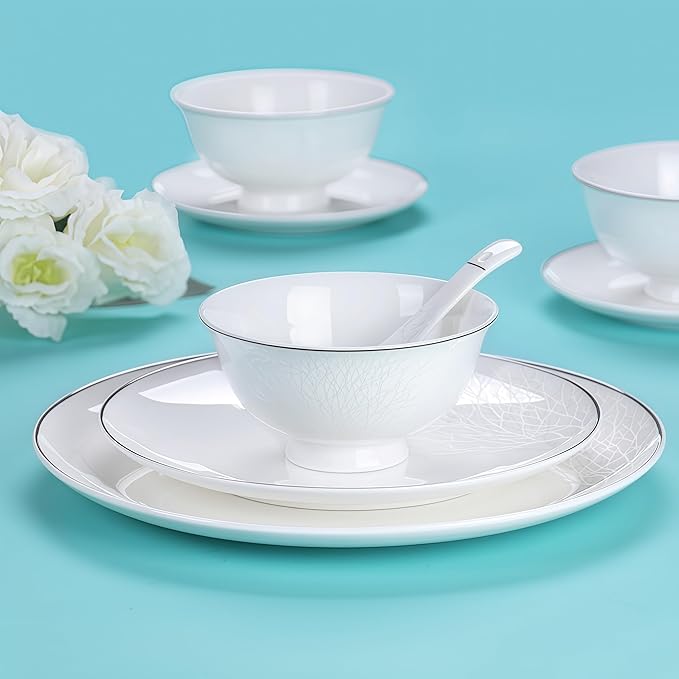 Fine Bone China Dinnerware SetPorcelain&ampCeramic Dinnerware SetsBone Stoneware &amp Ceramic Cookware Tableware Set Includes Dinner Plates|Spoons|Pasta Bowls|Soup Pot|Chopsticks (28PCS * 6-Person