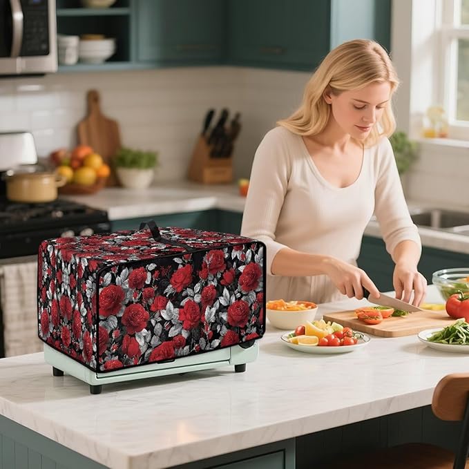 Doojoayie Waterproof Toaster Oven Cover 8 Slice Bread Machine Cover Universal Fit Small Appliance Dust Protector Simple Style Kitchen Decoration Rose Print